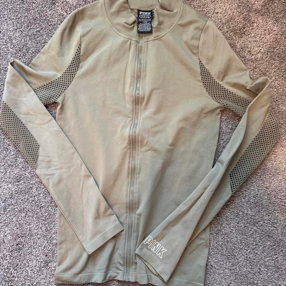 Victoria's Secret PINK Seamless Mesh Panel Zip Up Jacket Olive Green Small